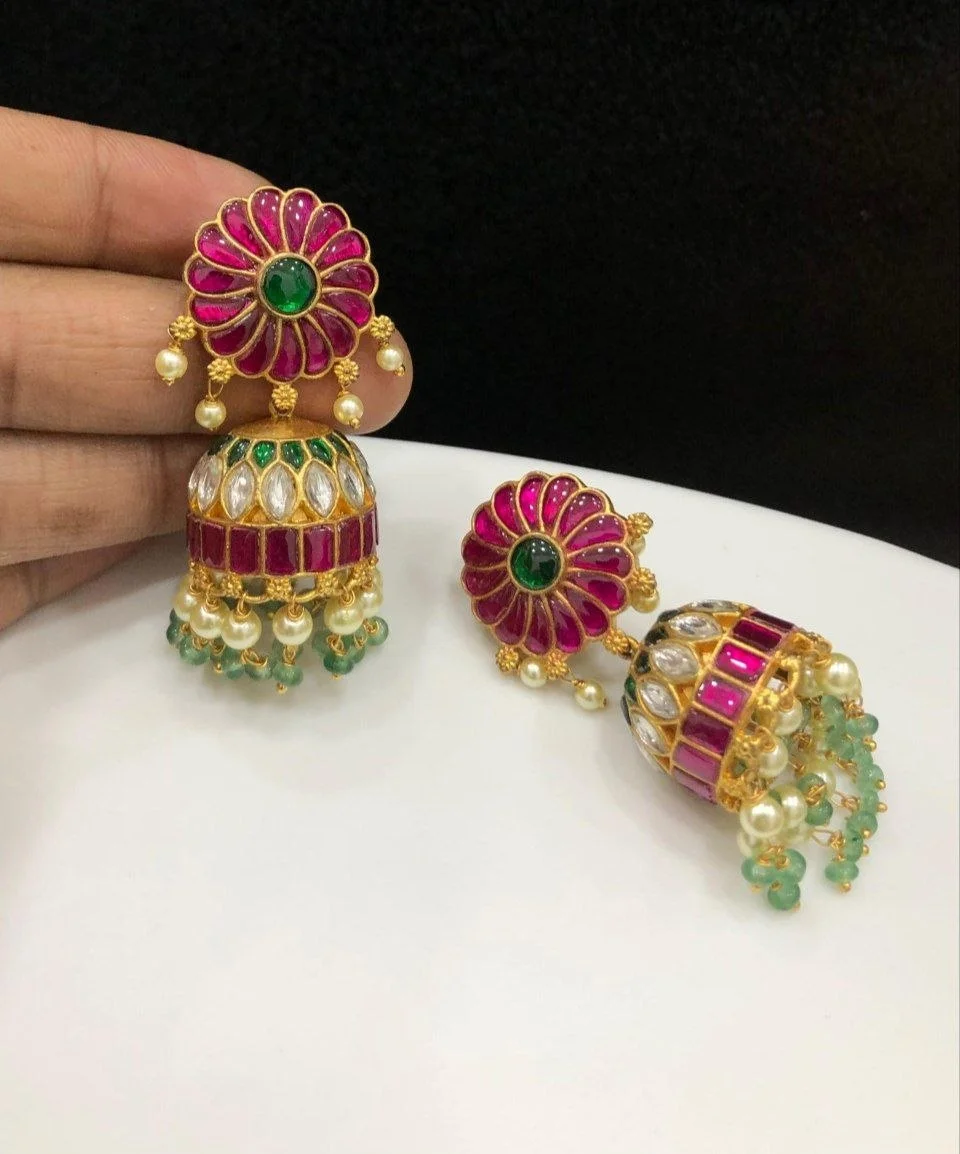 Floral Bloom Ruby Pearl Jhumkas
